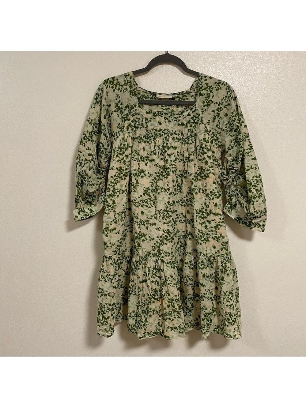 Happy Nature puff sleeve ruffle mini dress green floral leaf size Small